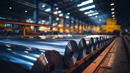 Rolls of metal sheet. Zinc, aluminium or steel sheet rolls on warehouse in factory.の素材