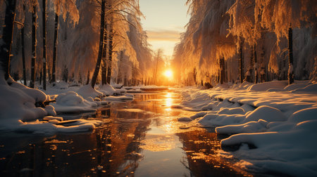 Snowy winter forest at sunrise with golden yellow sunlight.の素材