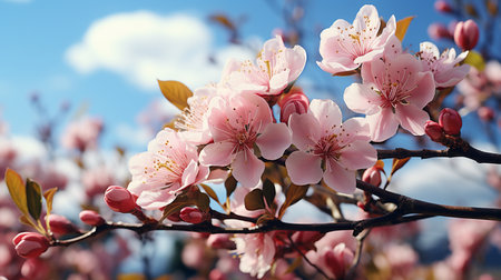 pink flowers on branches with a cloudy blue sky.の素材