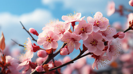 pink flowers on branches with a cloudy blue sky.の素材