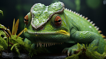 Green colored chameleon close up.の素材