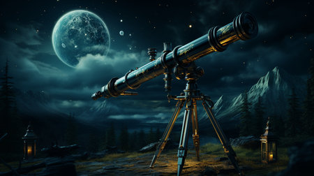 A telescope mounted on a wooden tripod under a starry night sky.の素材