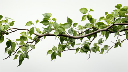 a tree branch covered with green leaves with a white background.の素材