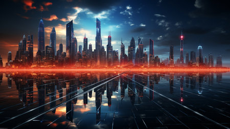 an abstract futuristic city with lines and skyscrapers.の素材