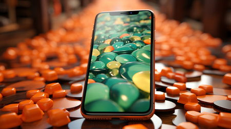 an orange yellow and green cell phone screen.の素材