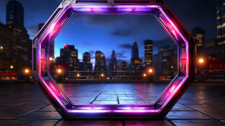 blue pink neon hexagonal frame.の素材