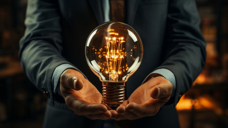 A businessman is holding a shining lightbulb.の素材