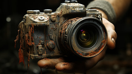 a hand holding up a camera taking pictures.の素材