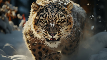 a leopard jumping through the air in a snowy forest.の素材