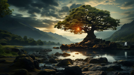 A big tree during near the river.の素材