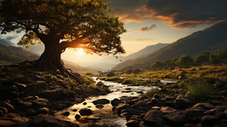A big tree during near the river.の素材