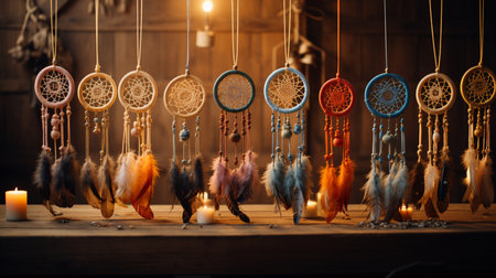 A collection of dream catchers with feathers.の素材
