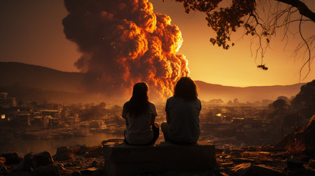 A couple is watching on explosion outdoor.の素材