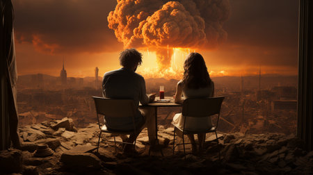 A couple is watching on explosion outdoor.の素材