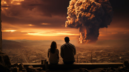 A couple is watching on explosion outdoor.の素材