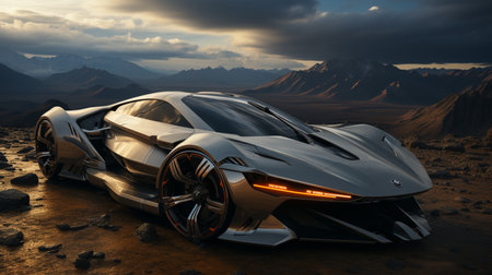 A futuristic car flying in the sky with a cloudy sky in the background.の素材
