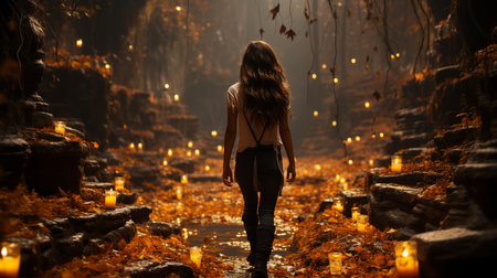 A girl walking down a path in the woods.の素材