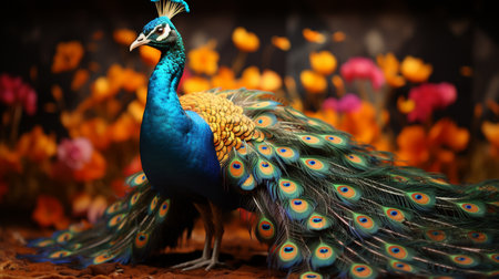 A peacock with a colorful tail is shown with a brown background.の素材