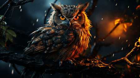 An owl with orange eyes sits on a branch.の素材