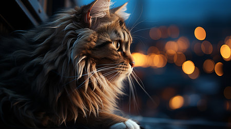 girl and her cat looking at the night city.の素材