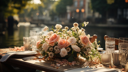 Beautiful outdoor wedding table setting with white flowers.の素材