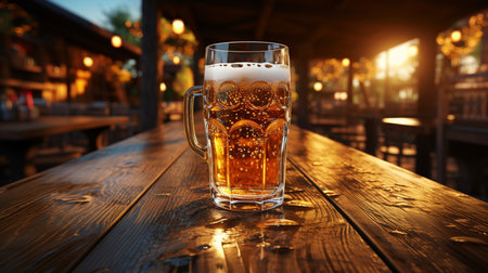 cold mug of beer on a wooden table.の素材