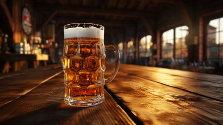cold mug of beer on a wooden table.の素材