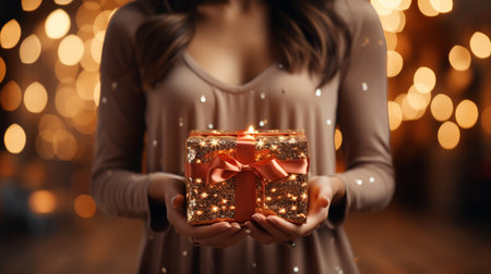 Female hands holding gift box.の素材