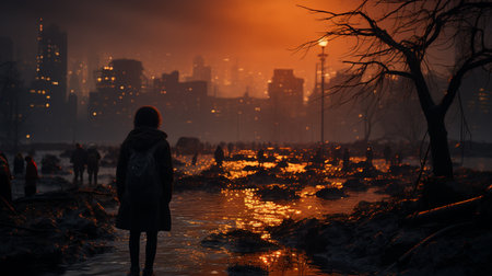 backpack in post apocalyptical city.の素材