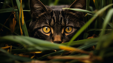 There is a cat that is sitting in the grass with yellow eyes.の素材