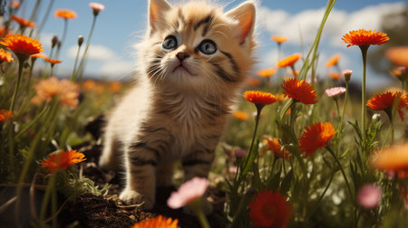 There is a cat that is standing in the grass with flowers.の素材