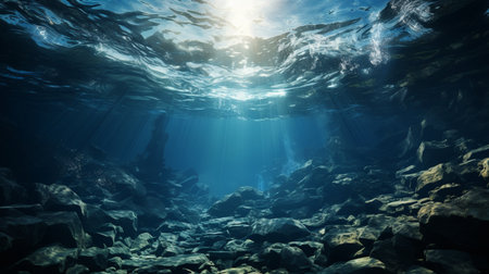 Underwater scene with rays of light and sand floor.の素材