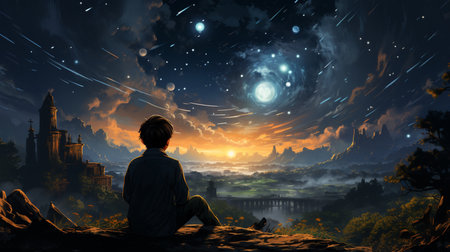 a boy looking at night starry sky.の素材