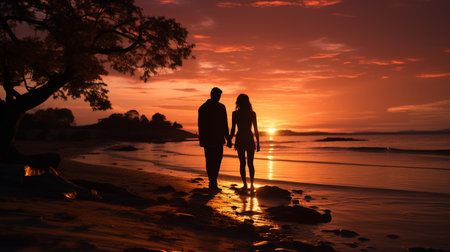 silhouette of a couple on the beach.の素材
