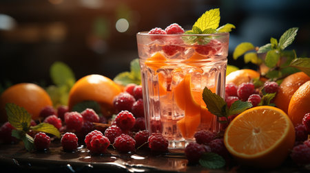 summer background with fruits and juice.の素材