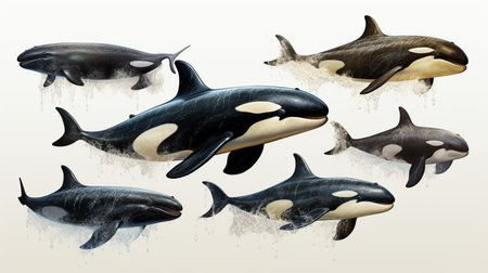 Set of orca killer whales white background.の素材