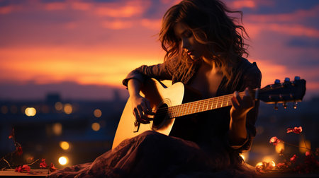 Silhouette of a girl with guitar with in an evening.の素材