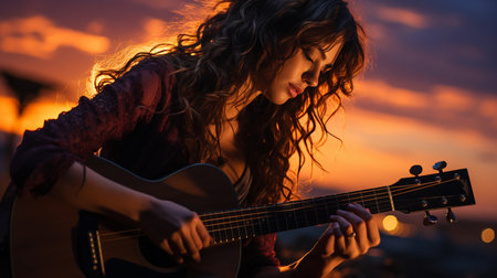 Silhouette of a girl with guitar with in an evening.の素材