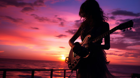 Silhouette of a girl with guitar with in an evening.の素材