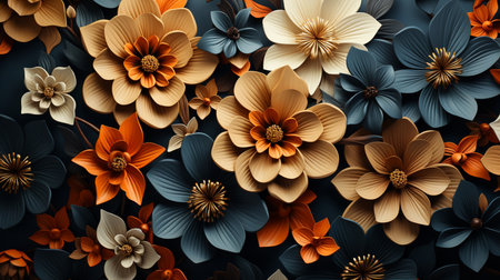 A floral pattern with blue and orange flowers and leaves.の素材