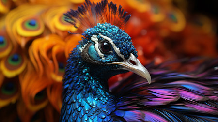 A colorful peacock with a blue and green tail.の素材