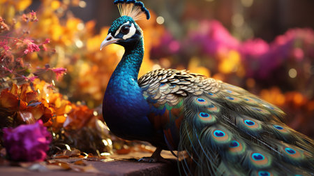 A peacock with a colorful tail with a gold background.の素材