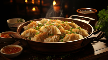 Delicious dimsums in wooden bowl.の素材