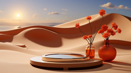 Podium on sand background.の素材