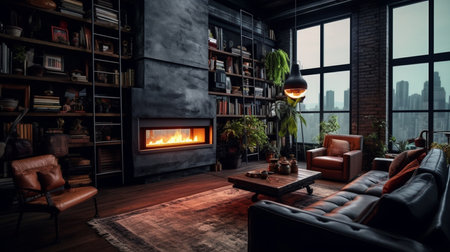 Dark living room loft with a fireplace, showcasing industrial aesthetics.の素材