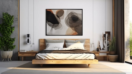 Modern bedroom interior background with a mockup frame.の素材