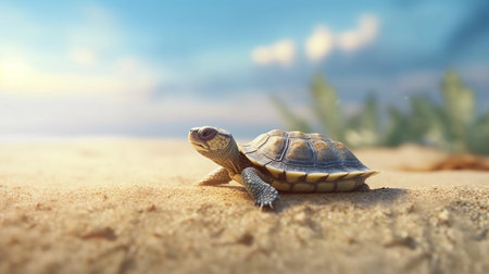 A Minuscule Infant Turtle Embarking on its Journey Across the Sandy Shore.の素材
