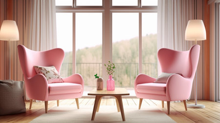 Living room with a wooden table, lamps, and a pink armchair.の素材