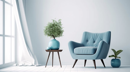 Living room with a blue fabric armchair on an empty white wall background.の素材