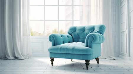 Living room with a blue fabric armchair on an empty white wall background.の素材
